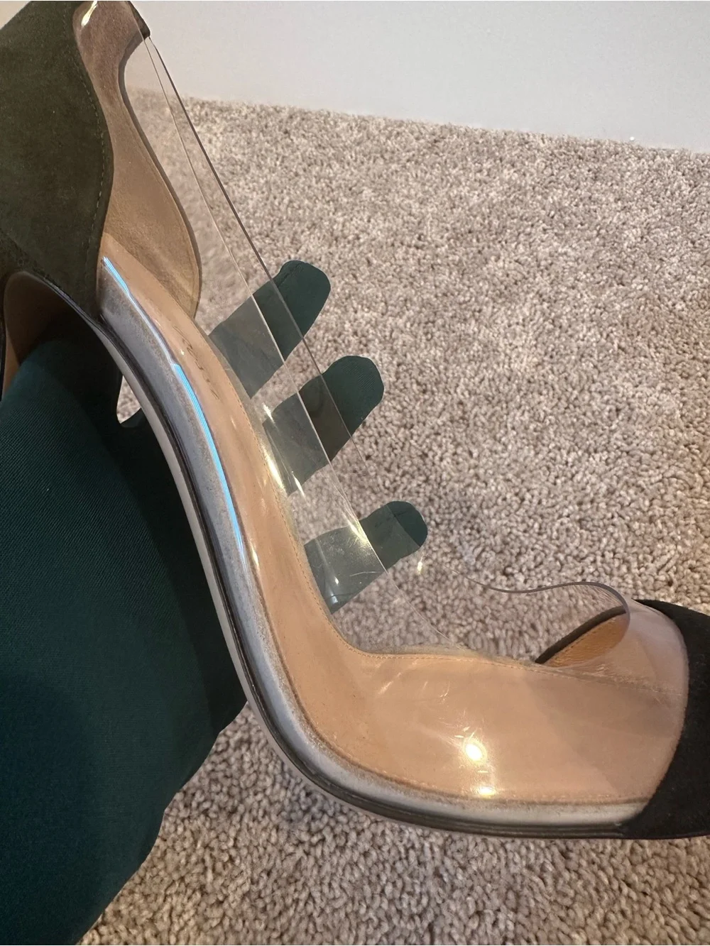 Gianvito Rossi Plexi Clear-Panel Stiletto Pump in Black and Olive Suede